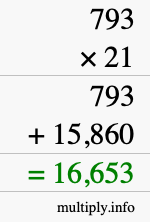 How to calculate 793 times 21 using long multiplication