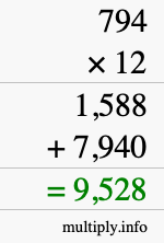 How to calculate 794 times 12 using long multiplication