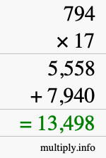 How to calculate 794 times 17 using long multiplication