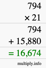 How to calculate 794 times 21 using long multiplication