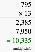 How to calculate 795 times 13 using long multiplication