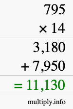 How to calculate 795 times 14 using long multiplication