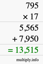 How to calculate 795 times 17 using long multiplication