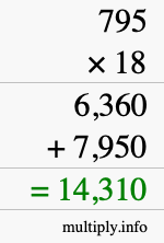 How to calculate 795 times 18 using long multiplication