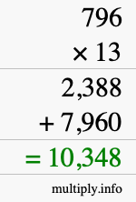How to calculate 796 times 13 using long multiplication