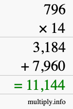 How to calculate 796 times 14 using long multiplication