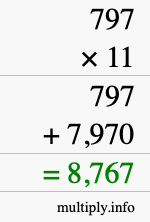 How to calculate 797 times 11 using long multiplication