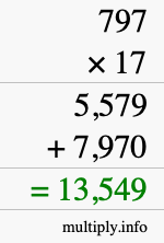How to calculate 797 times 17 using long multiplication