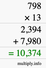 How to calculate 798 times 13 using long multiplication