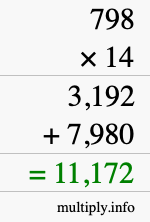 How to calculate 798 times 14 using long multiplication