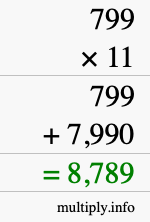 How to calculate 799 times 11 using long multiplication