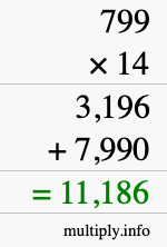 How to calculate 799 times 14 using long multiplication