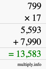 How to calculate 799 times 17 using long multiplication