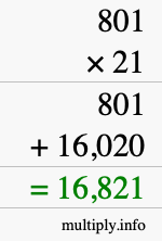 How to calculate 801 times 21 using long multiplication