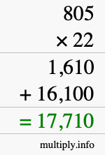 How to calculate 805 times 22 using long multiplication