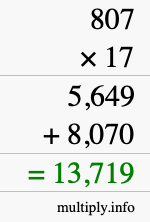 How to calculate 807 times 17 using long multiplication