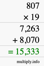 How to calculate 807 times 19 using long multiplication