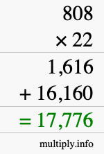 How to calculate 808 times 22 using long multiplication