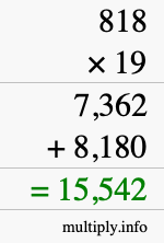 How to calculate 818 times 19 using long multiplication