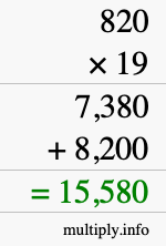 How to calculate 820 times 19 using long multiplication