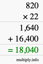 How to calculate 820 times 22 using long multiplication
