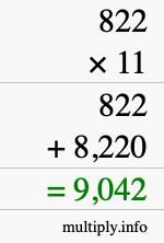 How to calculate 822 times 11 using long multiplication