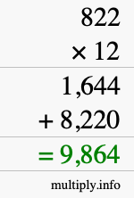 How to calculate 822 times 12 using long multiplication How to calculate 822 times 12 using long multiplication