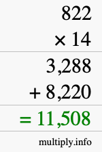 How to calculate 822 times 14 using long multiplication