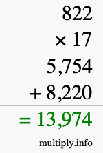 How to calculate 822 times 17 using long multiplication
