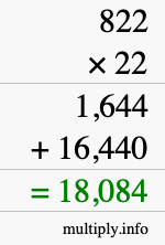 How to calculate 822 times 22 using long multiplication