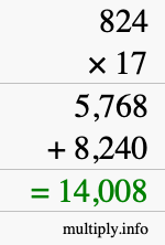How to calculate 824 times 17 using long multiplication