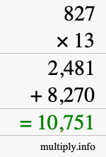 How to calculate 827 times 13 using long multiplication