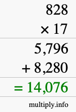 How to calculate 828 times 17 using long multiplication