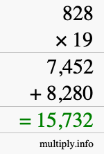How to calculate 828 times 19 using long multiplication