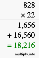 How to calculate 828 times 22 using long multiplication