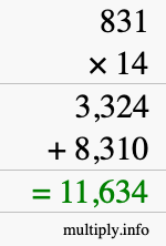 How to calculate 831 times 14 using long multiplication