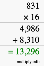 How to calculate 831 times 16 using long multiplication