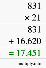 How to calculate 831 times 21 using long multiplication