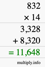 How to calculate 832 times 14 using long multiplication