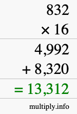 How to calculate 832 times 16 using long multiplication