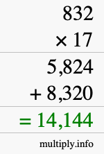 How to calculate 832 times 17 using long multiplication