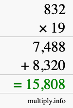 How to calculate 832 times 19 using long multiplication