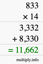 How to calculate 833 times 14 using long multiplication