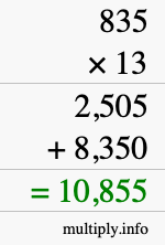 How to calculate 835 times 13 using long multiplication