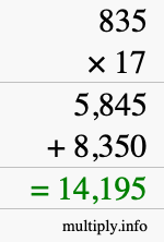 How to calculate 835 times 17 using long multiplication
