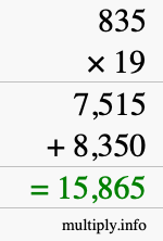 How to calculate 835 times 19 using long multiplication