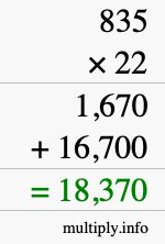 How to calculate 835 times 22 using long multiplication
