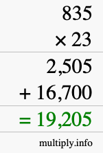 How to calculate 835 times 23 using long multiplication