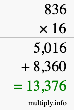 How to calculate 836 times 16 using long multiplication