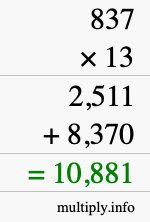 How to calculate 837 times 13 using long multiplication